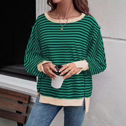 Loose Striped Casual Sweater Split Forked Crew Neck Trendy Design Versatile Top Ladies