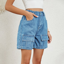 Washed elastic waist tooling casual denim shorts