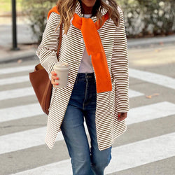 Temperament Striped Cardigan Hooded Knitted Long Sleeve Jacket Women's Clothing