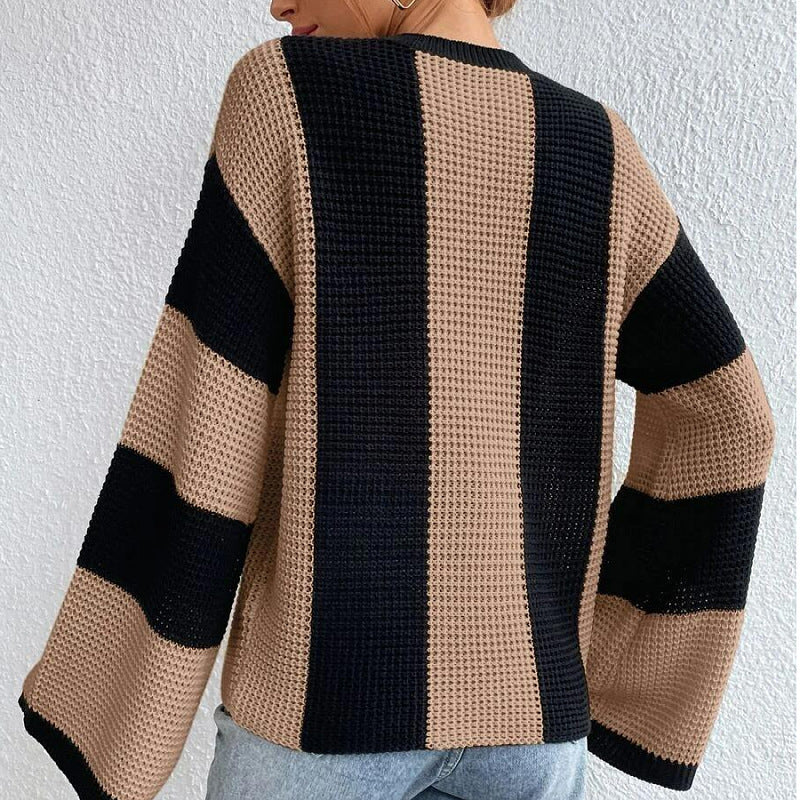 Knitted sweater top crew neck striped design sense niche sweater jacket women