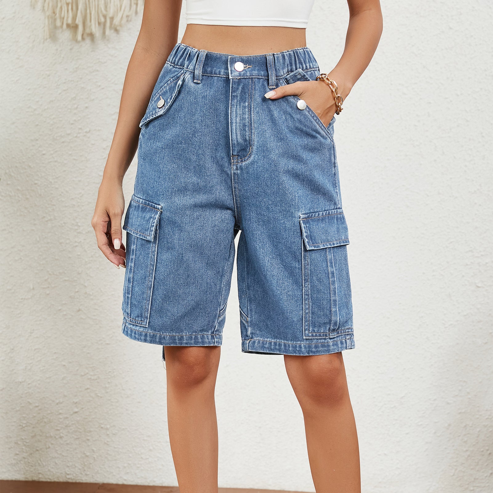 New summer models, washed personalized denim tooling five-point pants