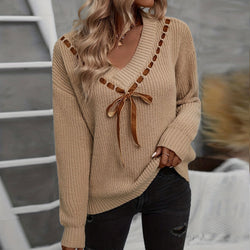 V-neck bow-tie versatile pullover sweater