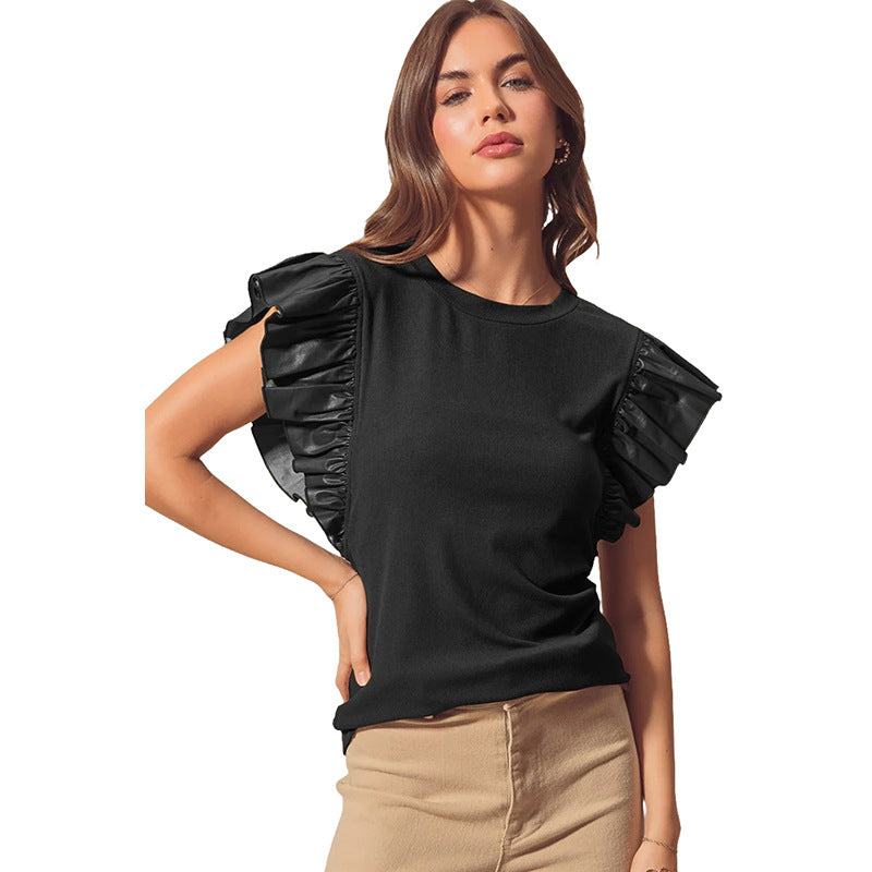 Short-sleeved jumper for women's European and American fashion versatile pleated T-shirt for women