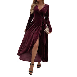 Temperament pure desire v-neck high waist solid color split dress evening dress