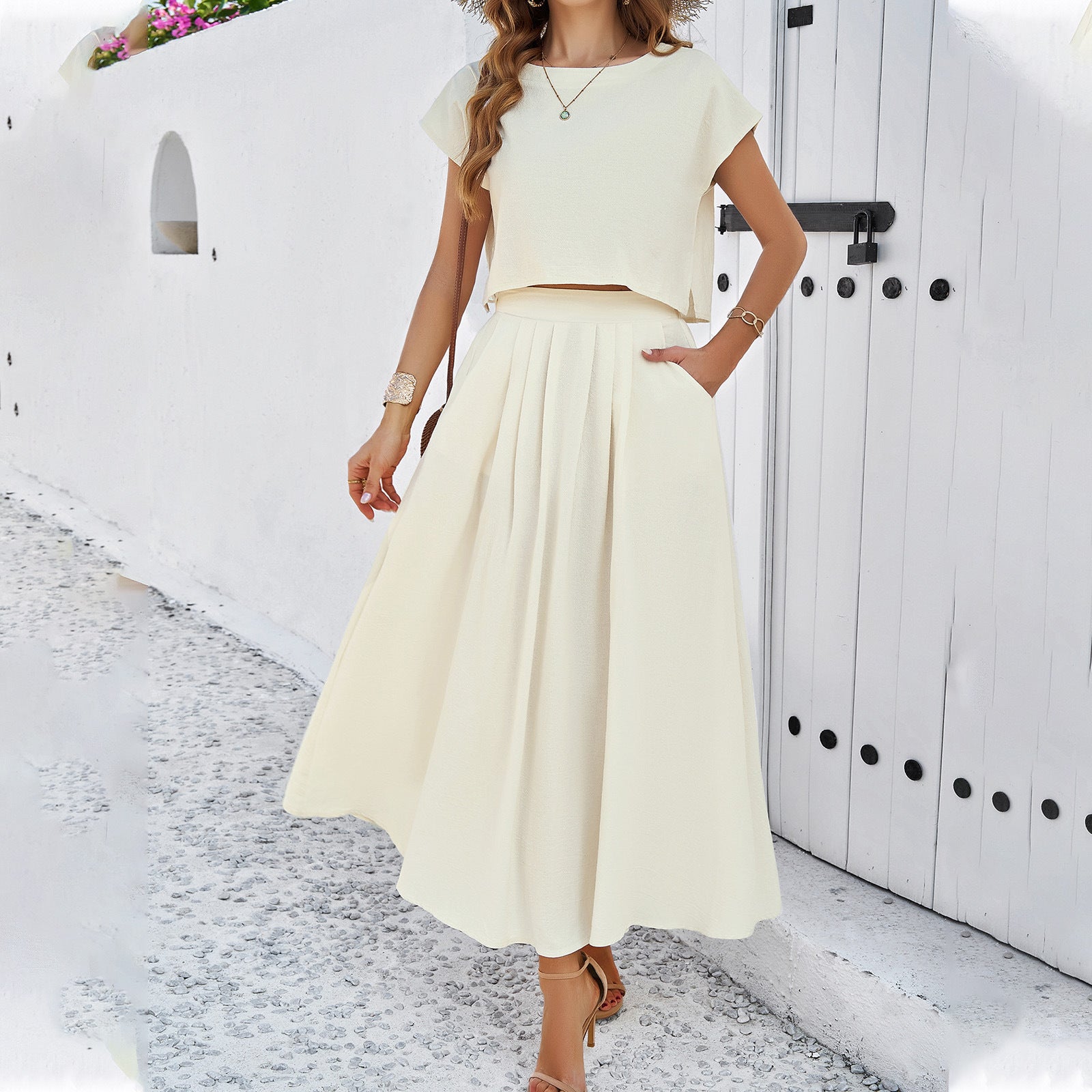 Spring and summer temperament casual solid color sleeveless vest top skirt two-piece set