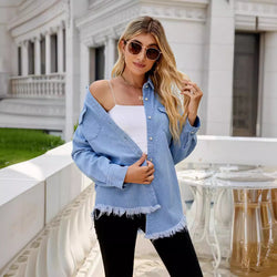 Versatile washed explosive denim rough edge shirt top jacket women