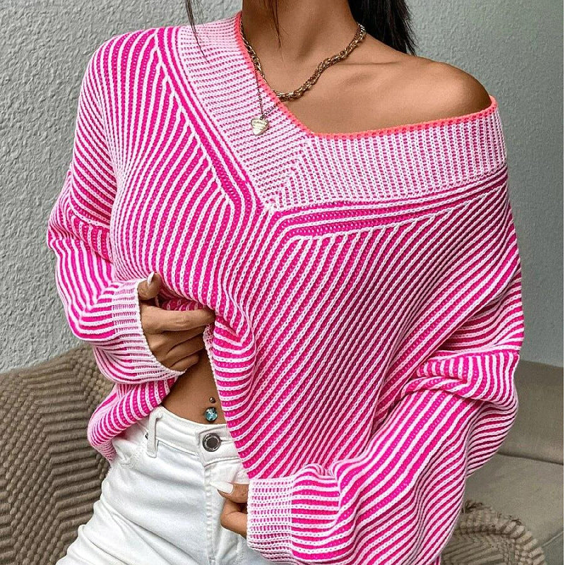 V-neck loose and thin bat-sleeved sweater striped contrasting pullover knitted sweater top