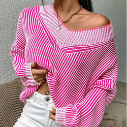 V-neck loose and thin bat-sleeved sweater striped contrasting pullover knitted sweater top