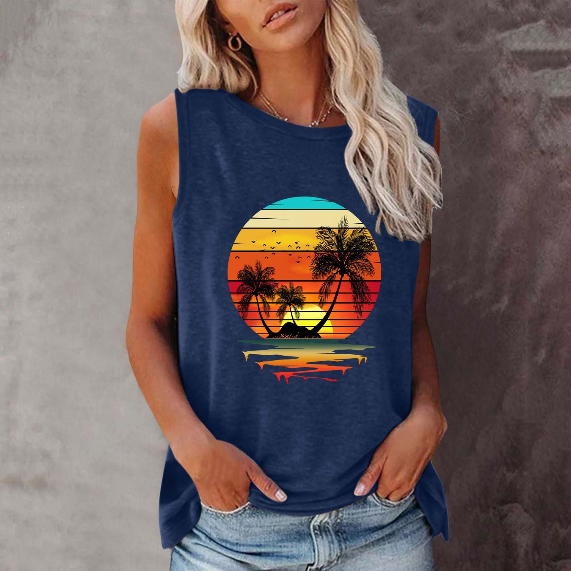 New Summer Beach Sunset Coconut Tree Crew Neck Sleeveless Vest