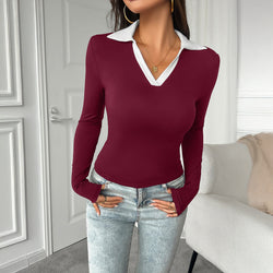 Temperament Slim fit buckle-free polo neck knitted top women's clothing