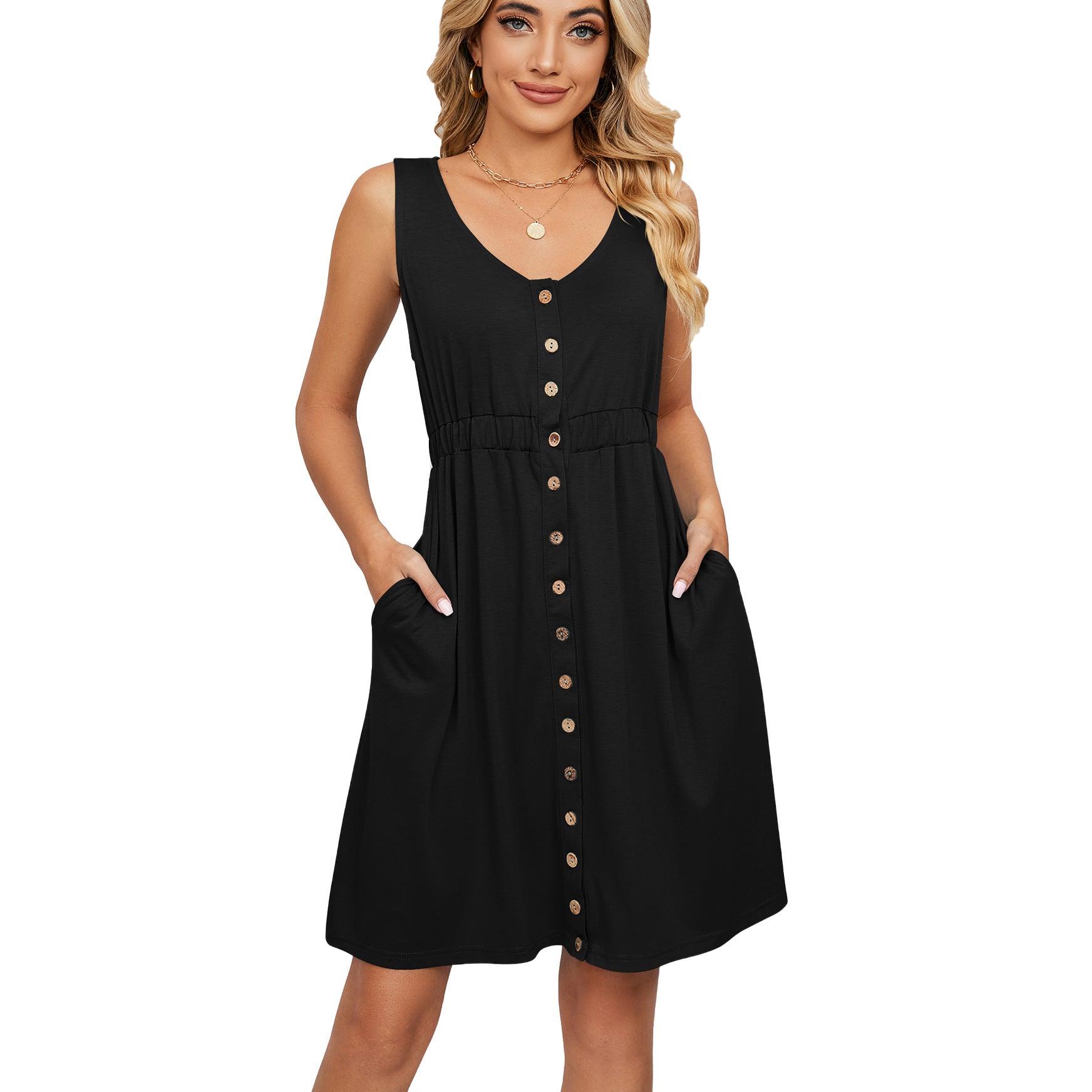 Spring and Summer Solid Color Sleeveless Button Pocket Crew Neck Split Waist Dress