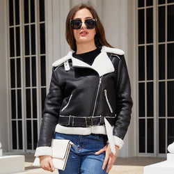 Suede jacket European and American leather jacket women with belt lapel jacket women