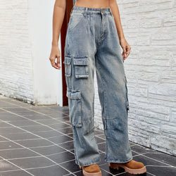 Washed semi-elastic loose denim overalls