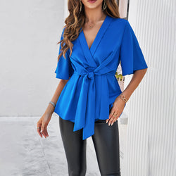 Spring and summer v-neck solid color elegant five-quarter sleeve strap-on waist top