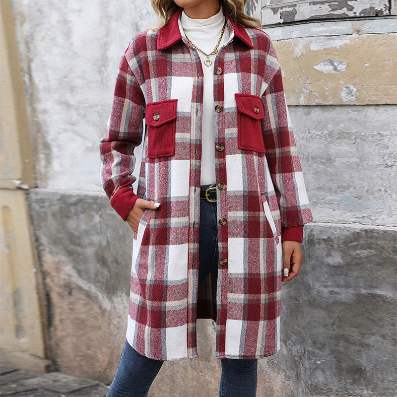 Autumn and winter women's cross-border polished plaid long coat women