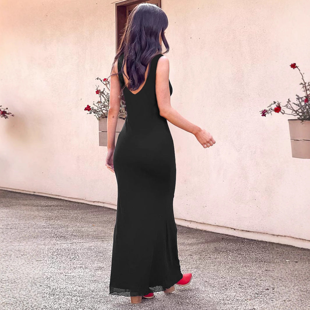 Spring and summer sexy dress slim fit leaking back long women's clothing solid color women