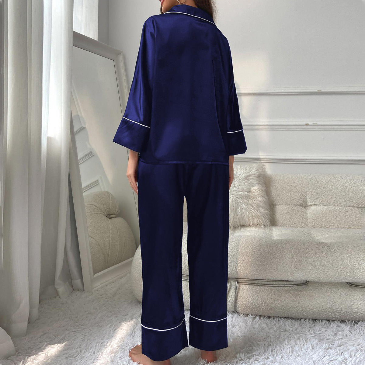 Women's loungewear autumn and winter silk satin long-sleeved trousers two-piece pajamas women can