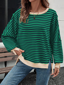 Loose Striped Casual Sweater Split Forked Crew Neck Trendy Design Versatile Top Ladies