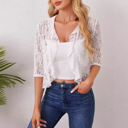 Women's Flowerleaf Open Placket Short Lace Top