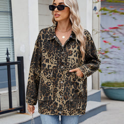 Washed versatile loose leopard print denim jacket top