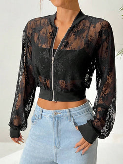 Jacquard lace see-through zip jacket top coat