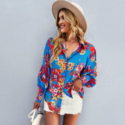 Contrast color printed shirt autumn and winter long-sleeved versatile top