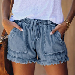 Elastic waist drawstring casual high waist thin denim shorts women