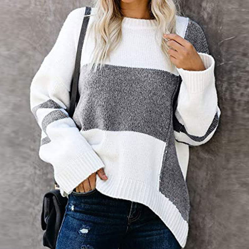 New striped retro street hipster sweater contrasting color splicing crew neck pullover knitted sweater