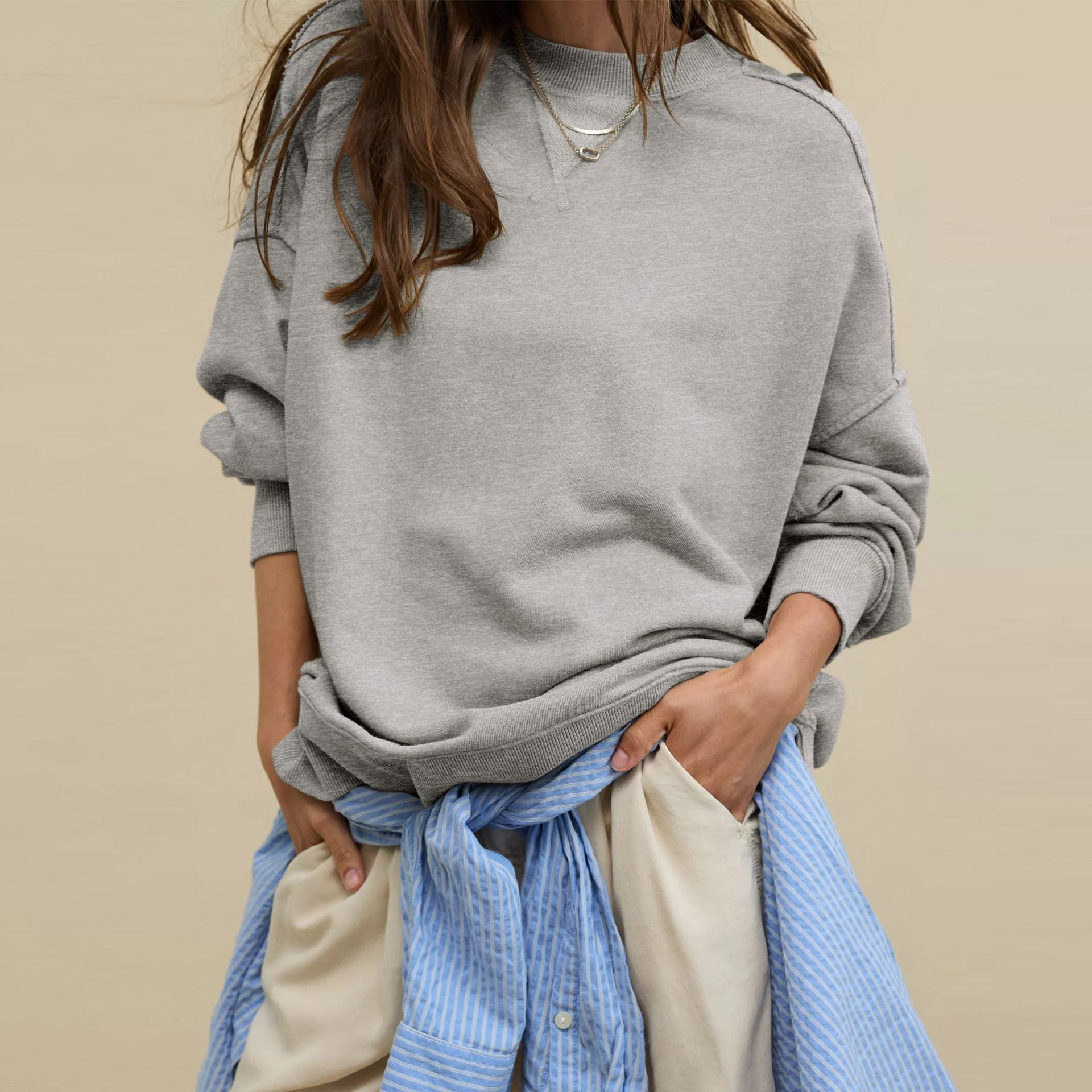 Trend style pullover long sleeve European and American style split sweater round neck solid color loose sweater