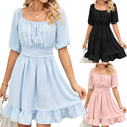 Summer new solid color square neck short-sleeved loose backless lace-up dress