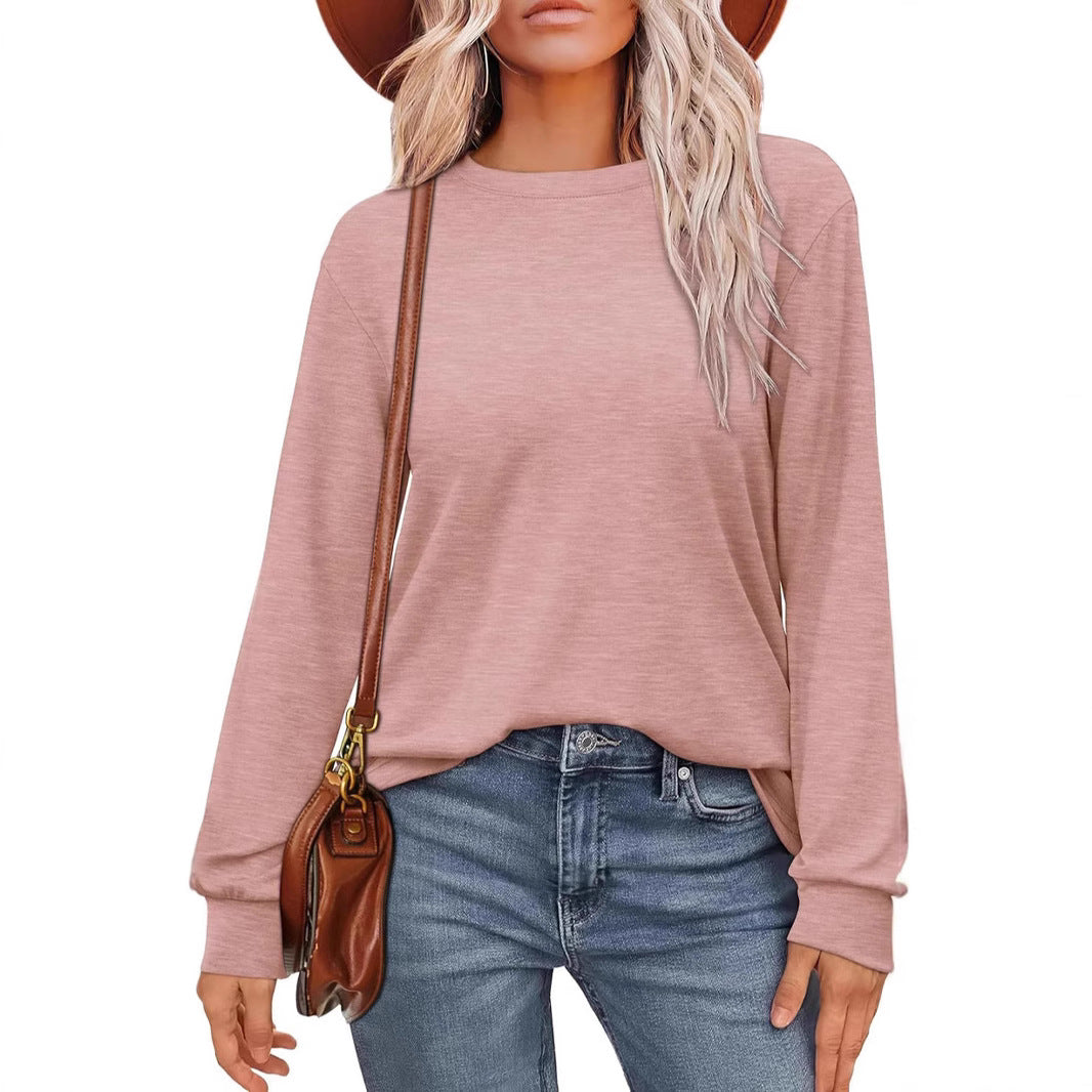 Women's basic solid color round neck pullover long sleeve shirt top T-shirt