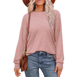 Women's basic solid color round neck pullover long sleeve shirt top T-shirt