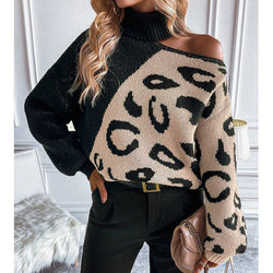 Sexy off-the-shoulder leopard print spliced turtleneck pullover sweater