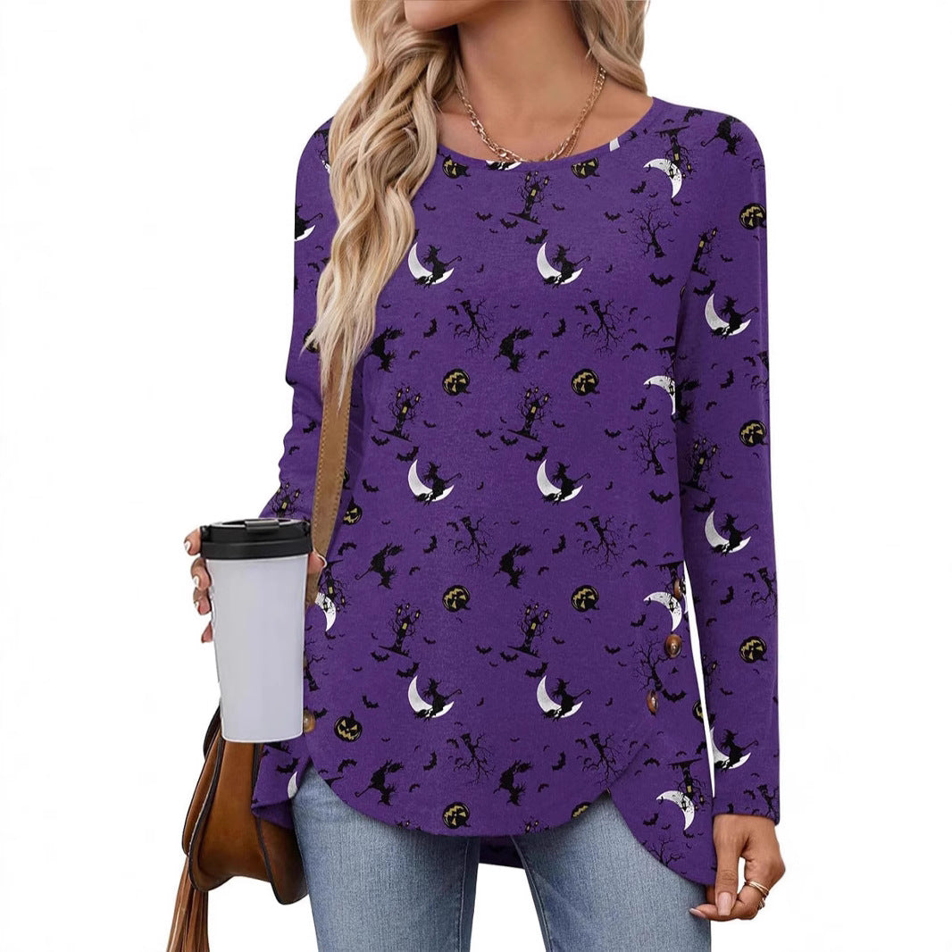 New Women's Printed Crew Neck Long Sleeve Irregularly Split Button T-Shirt