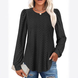 New Women's Crew Neck Loose Casual Lantern Sleeve Solid Color Long Sleeve T-Shirt