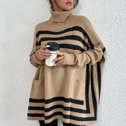 High Neck Striped Bat Sleeve Cape Shawl Sweater Jacket Women