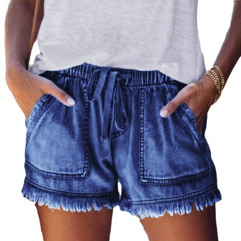 Elastic waist drawstring casual high waist thin denim shorts women