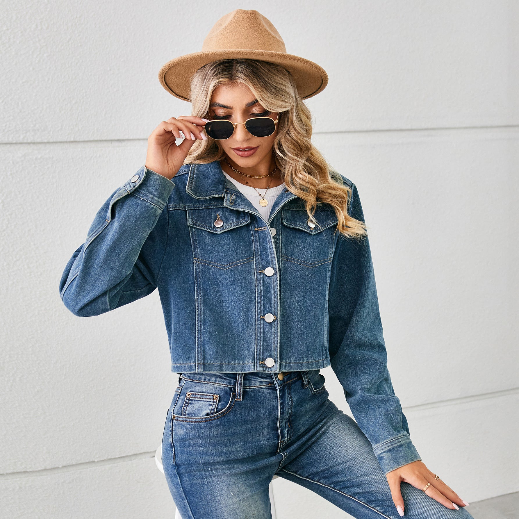 Washed denim short jacket jacket top long sleeve women