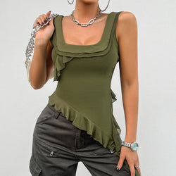 Y2K solid color sleeveless U-neck mesh suspender top