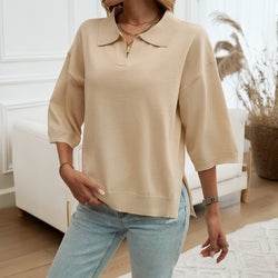 Spring and summer temperament solid color lapel loose sweater