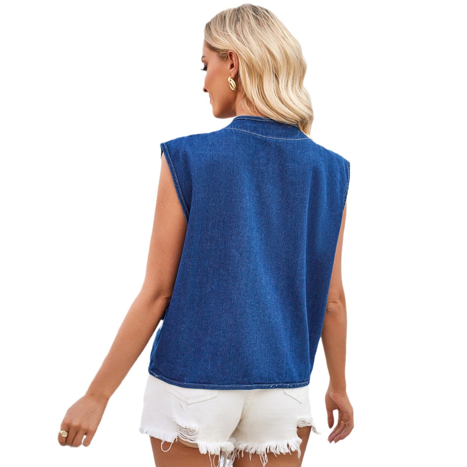 Washed collarless denim vest top