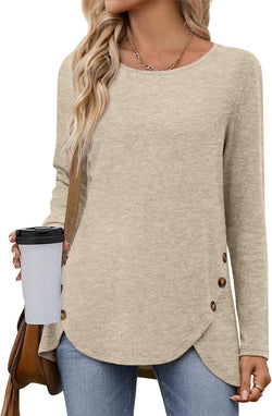 New solid color loose round neck long sleeve split button T-shirt women