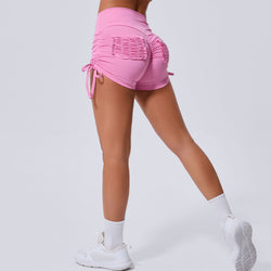 Drawstring high waist sports shorts women's summer hip lift tight elastic running pocket yoga fitness lace-up shorts