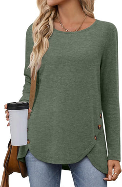 New solid color loose round neck long sleeve split button T-shirt women