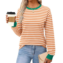 Fashion Women's Clothing Contrasting Stripes Loose Crew Neck Long Sleeve Women's T-Shirt