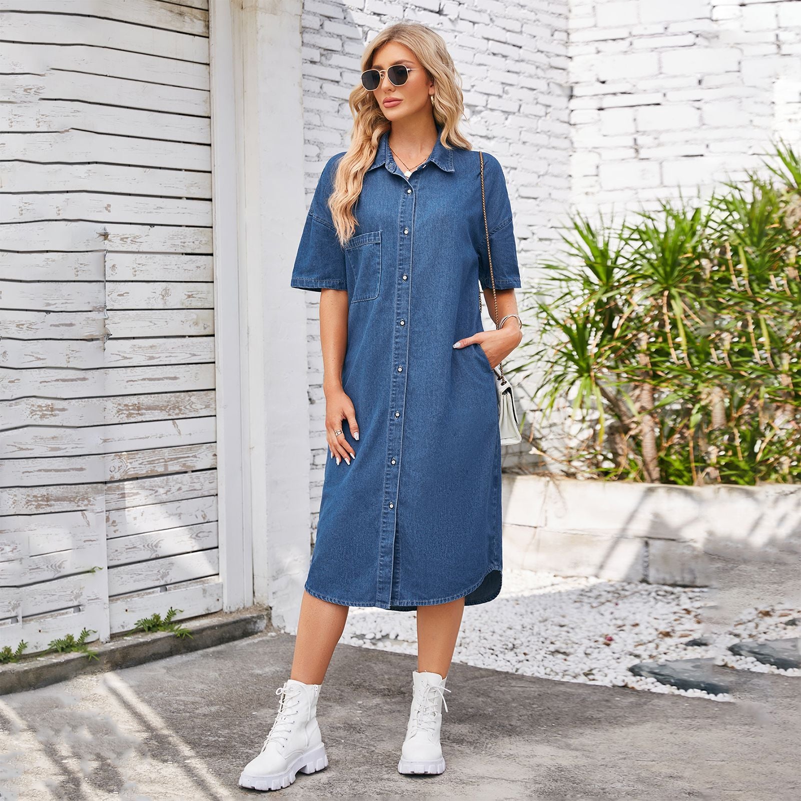 Washed loose denim short-sleeved long dress, dress