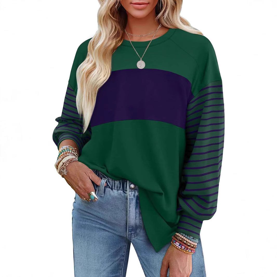 Pullover Crew Neck Casual Striped Contrast Long Sleeve T-Shirt Women