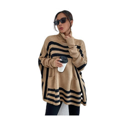 High Neck Striped Bat Sleeve Cape Shawl Sweater Jacket Women