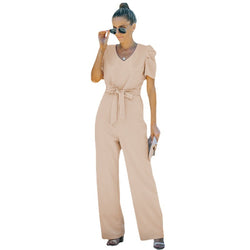 Short-sleeved jumpsuit women's 2022 new solid color casual waist flared pants trousers