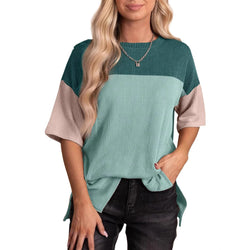 New round neck three-color splicing short sleeve loose split T-shirt women